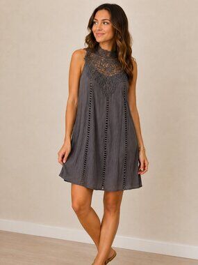 Charcoal Grey Crochet Lace High Neck Shift Dress Size Small